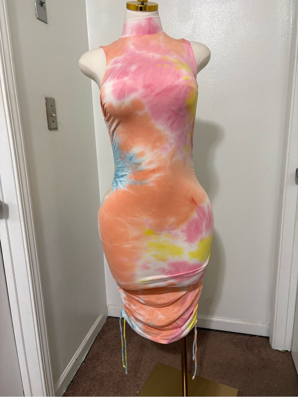Sleeveless Tie-Dye Midi Dress in Pink, Peach & Yellow NWOT